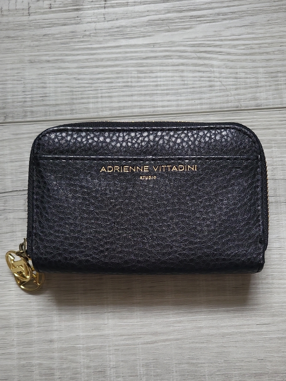 Adrienne Vittadini Black Pebbled Leather Zip Wallet with Gold Accents